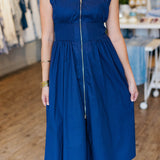 NAVY TEA FOR TWO ZIP UP MIDI DRESS