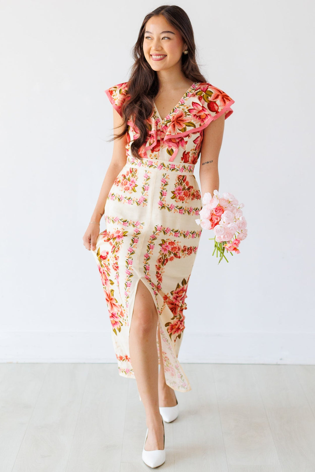 BORDER PRINT RUFFLE SHOULDER MIDI