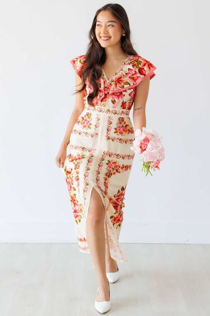 BORDER PRINT RUFFLE SHOULDER MIDI