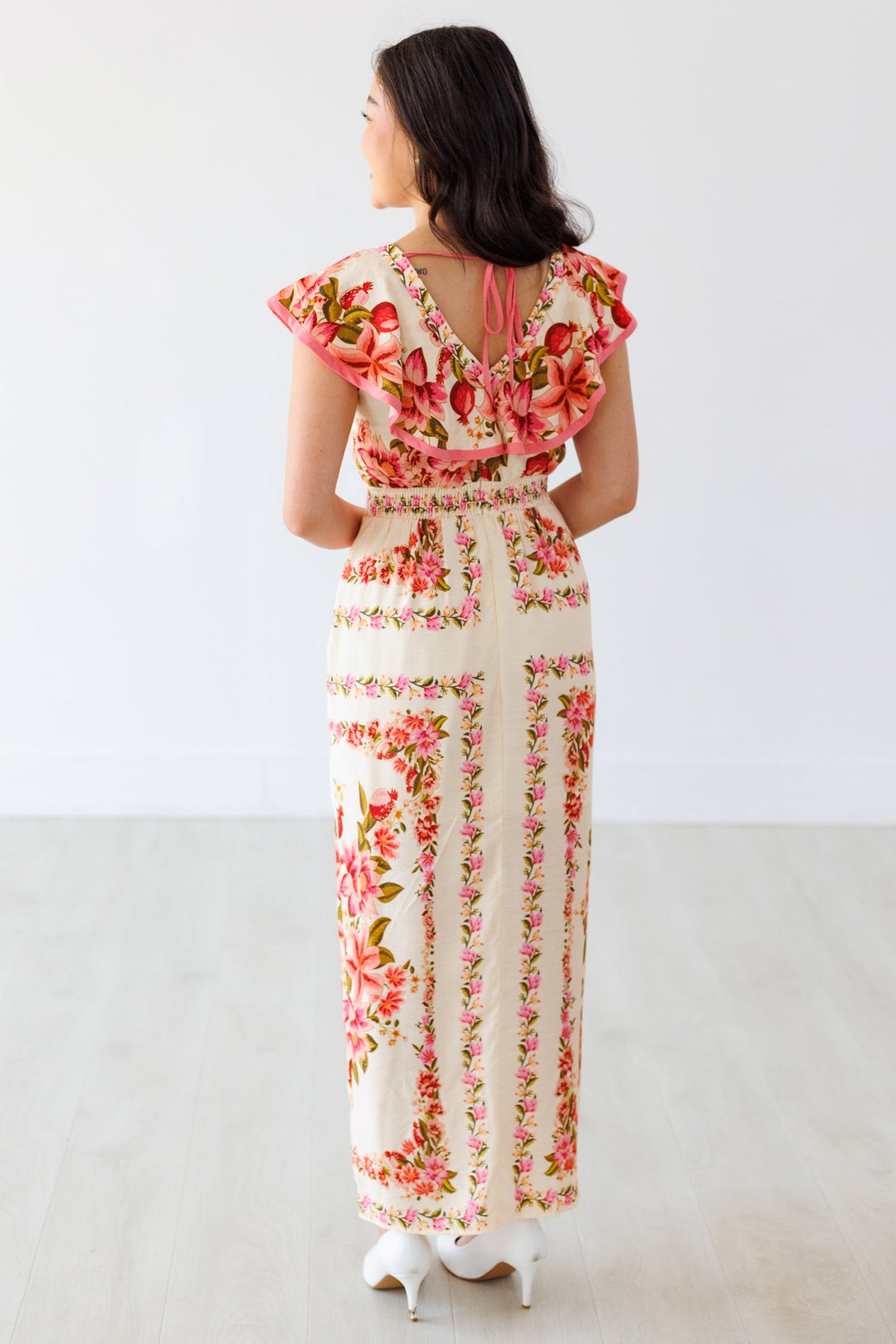 BORDER PRINT RUFFLE SHOULDER MIDI