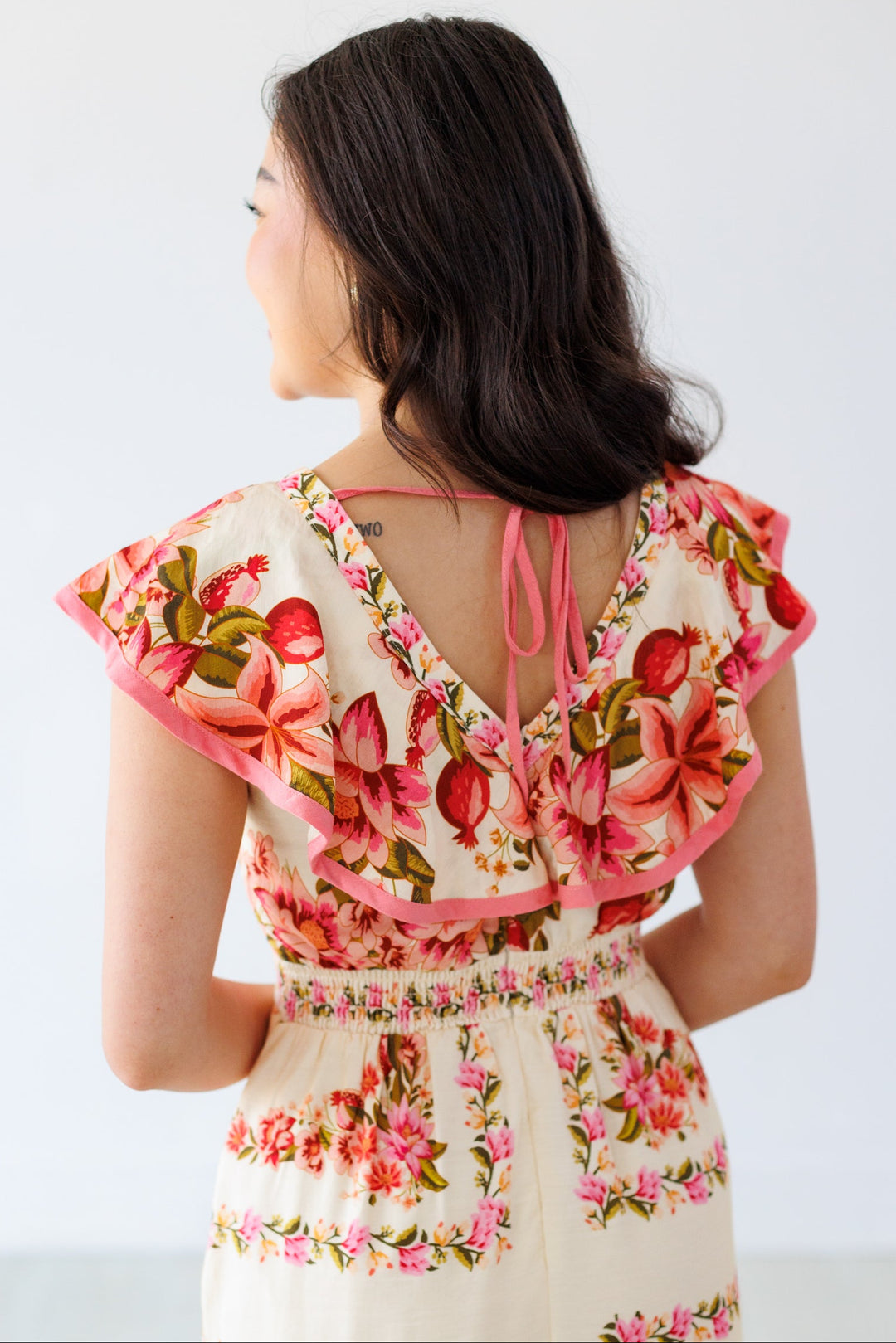 BORDER PRINT RUFFLE SHOULDER MIDI