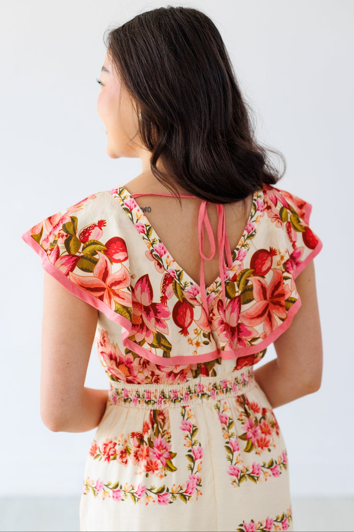 BORDER PRINT RUFFLE SHOULDER MIDI