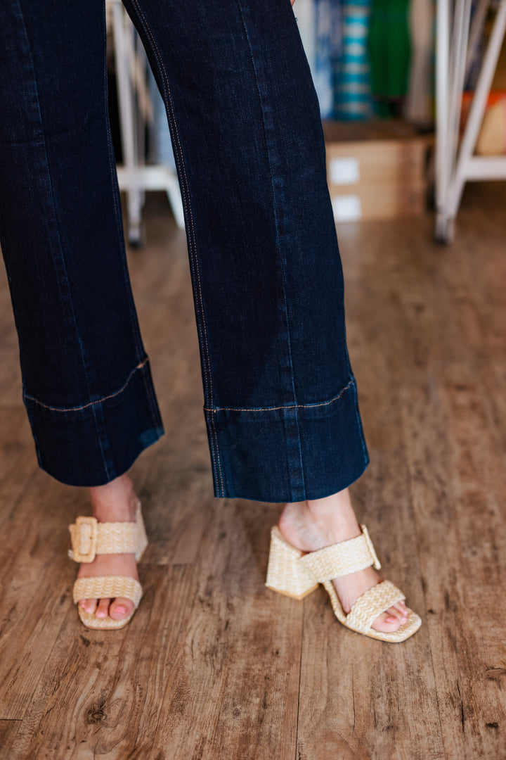 SOLID DARK DENIM CROP WIDE HEM JEAN