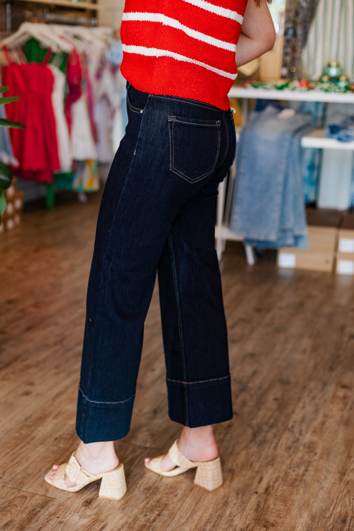 SOLID DARK DENIM CROP WIDE HEM JEAN