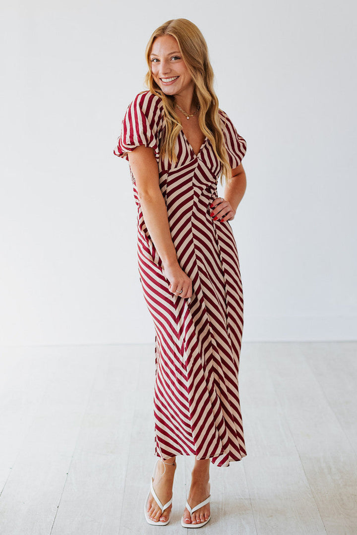 BURGUNDY STRIPED FLOWY MIDI DRESS