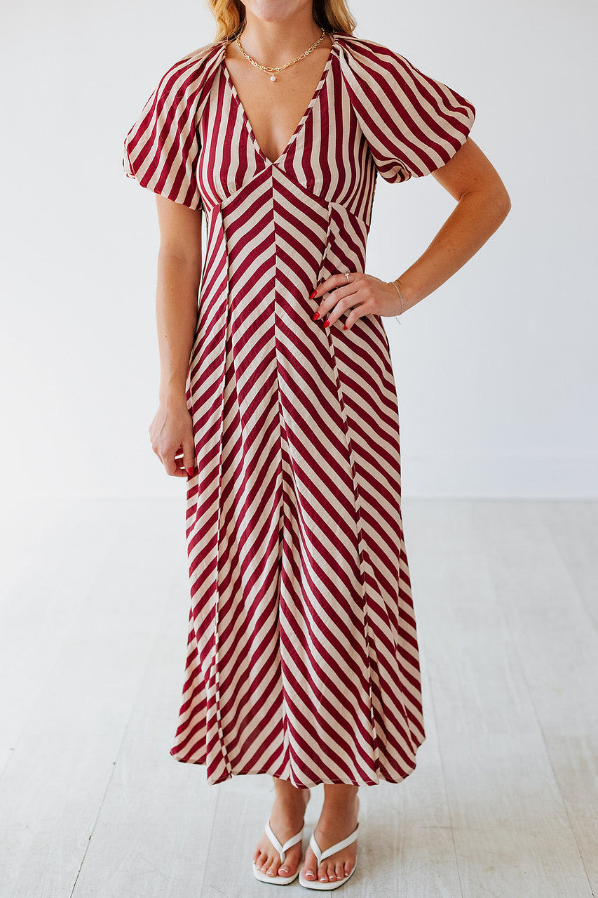 BURGUNDY STRIPED FLOWY MIDI DRESS