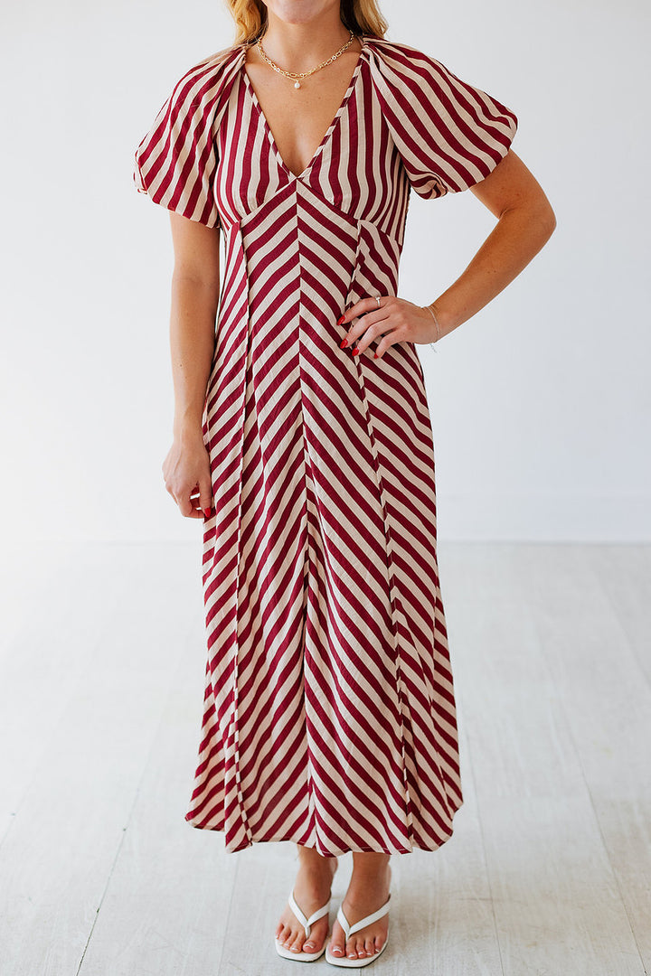 BURGUNDY STRIPED FLOWY MIDI DRESS