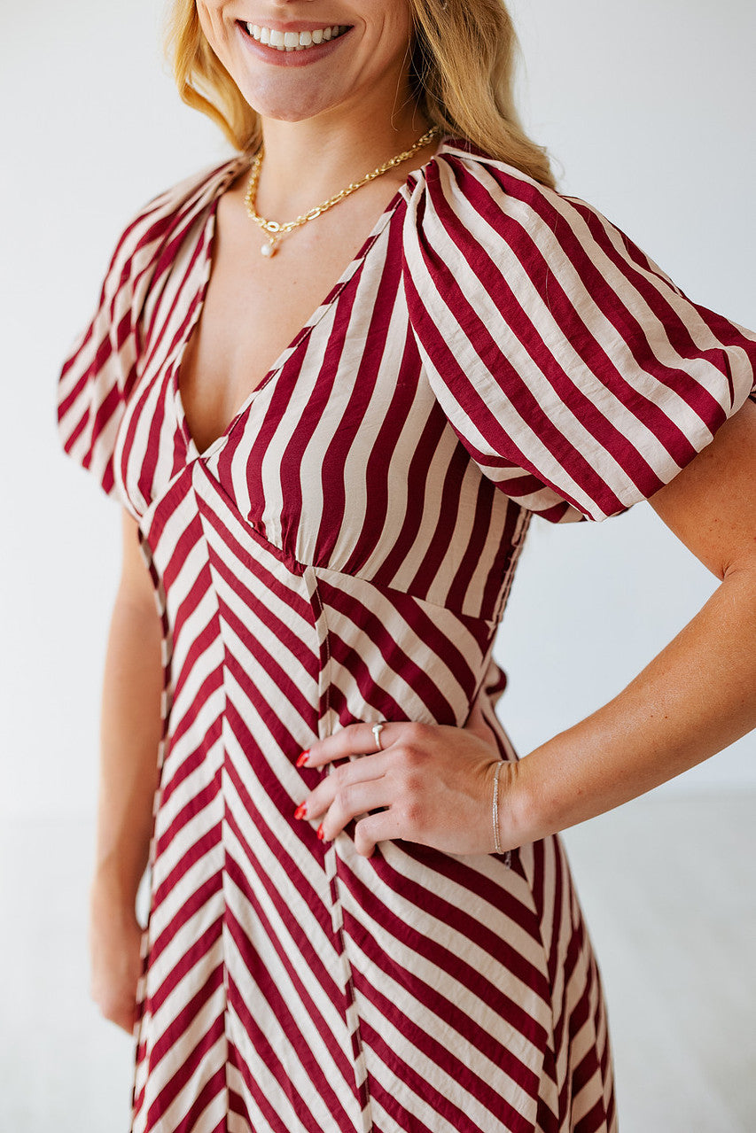 BURGUNDY STRIPED FLOWY MIDI DRESS