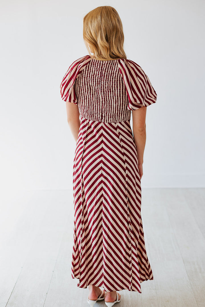 BURGUNDY STRIPED FLOWY MIDI DRESS