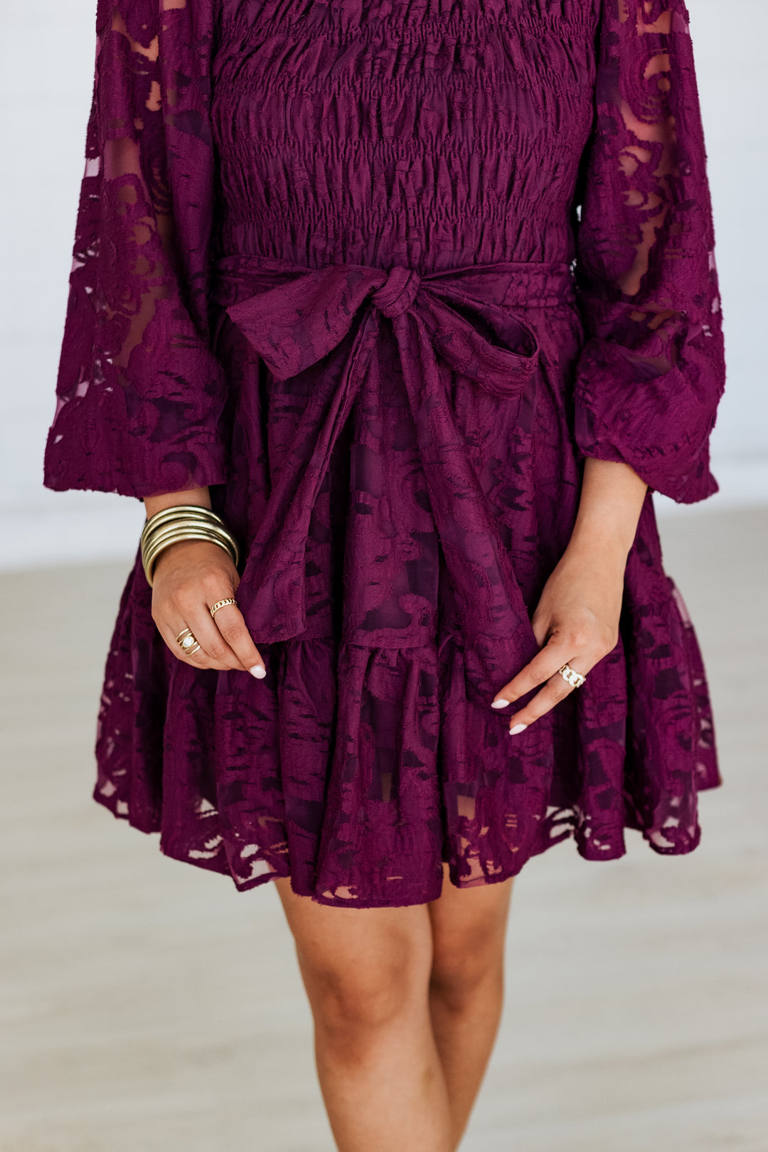 PLUM LACE TIE WAIST MINI DRESS