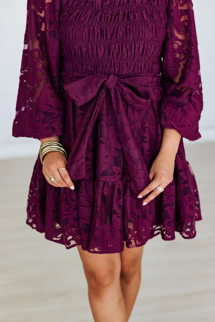 PLUM LACE TIE WAIST MINI DRESS