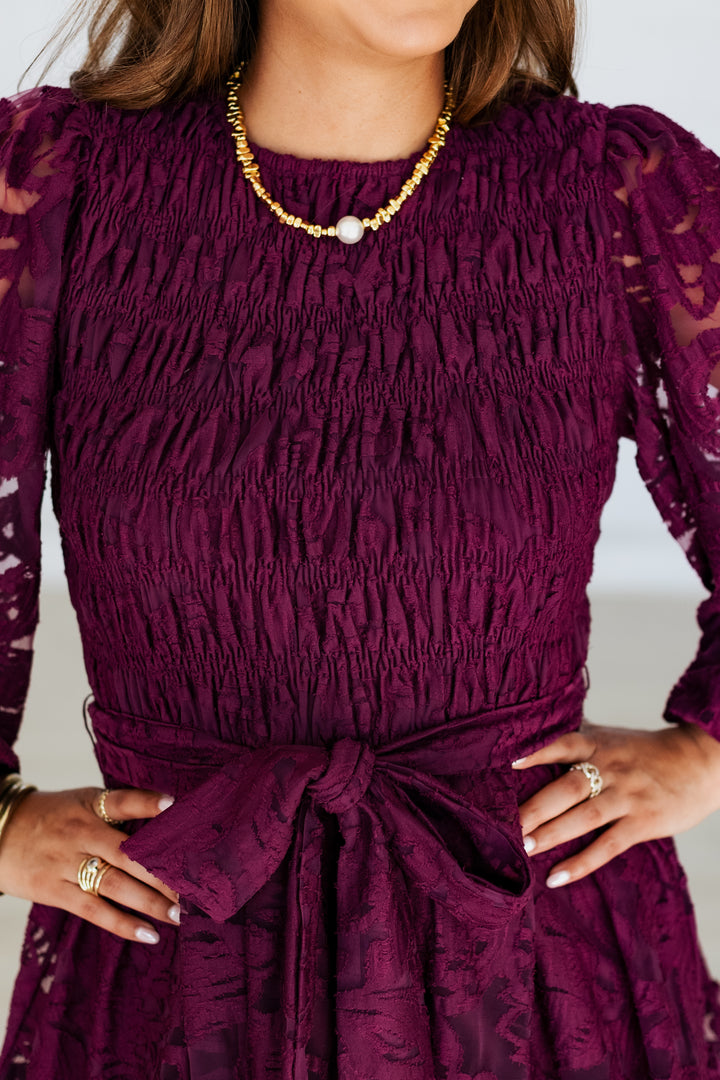 PLUM LACE TIE WAIST MINI DRESS