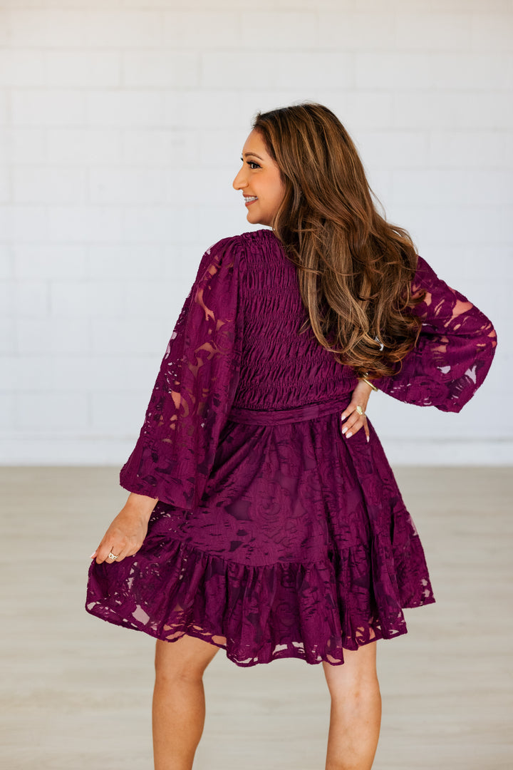 PLUM LACE TIE WAIST MINI DRESS