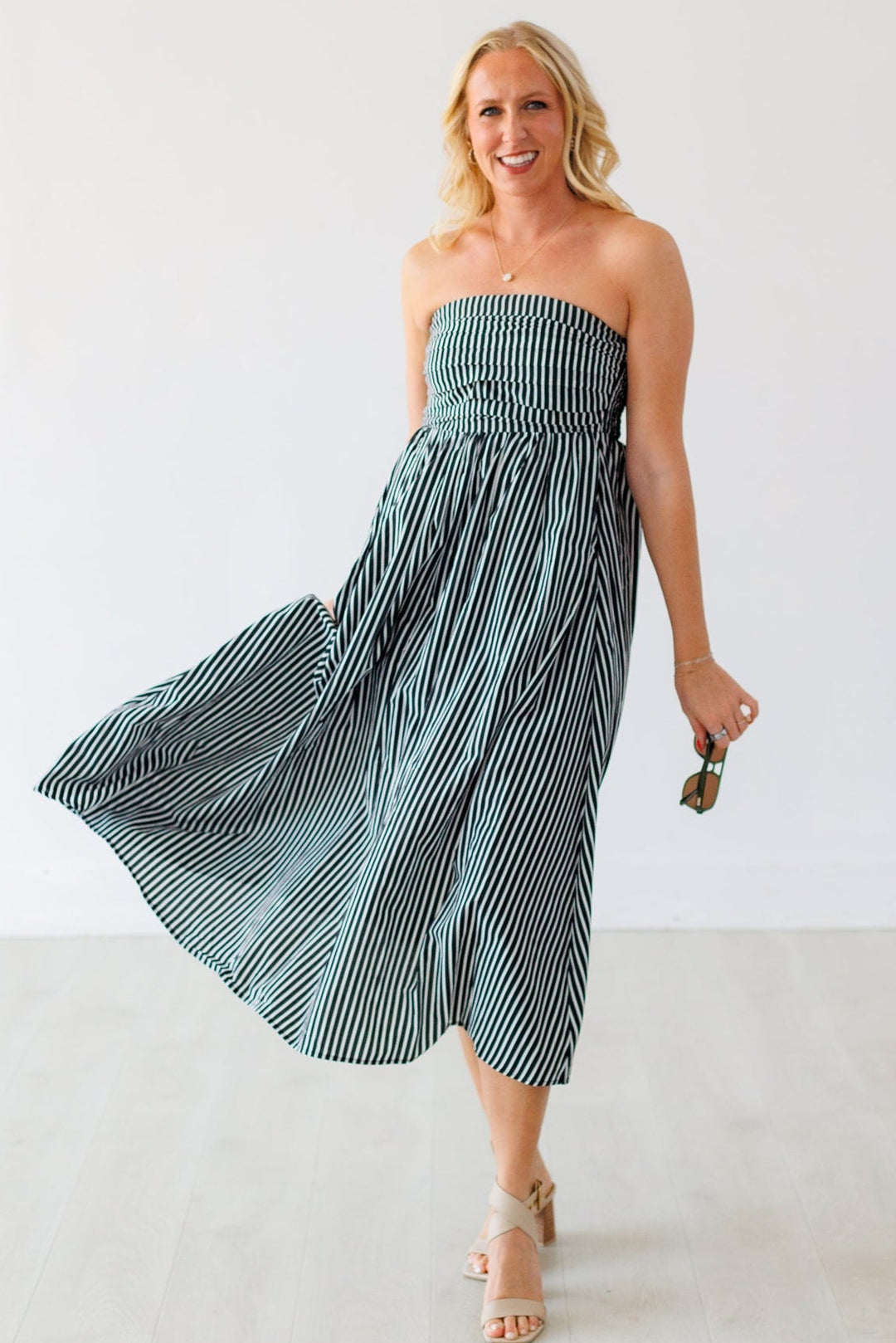 Black White Stripe Strapless Maxi Dress