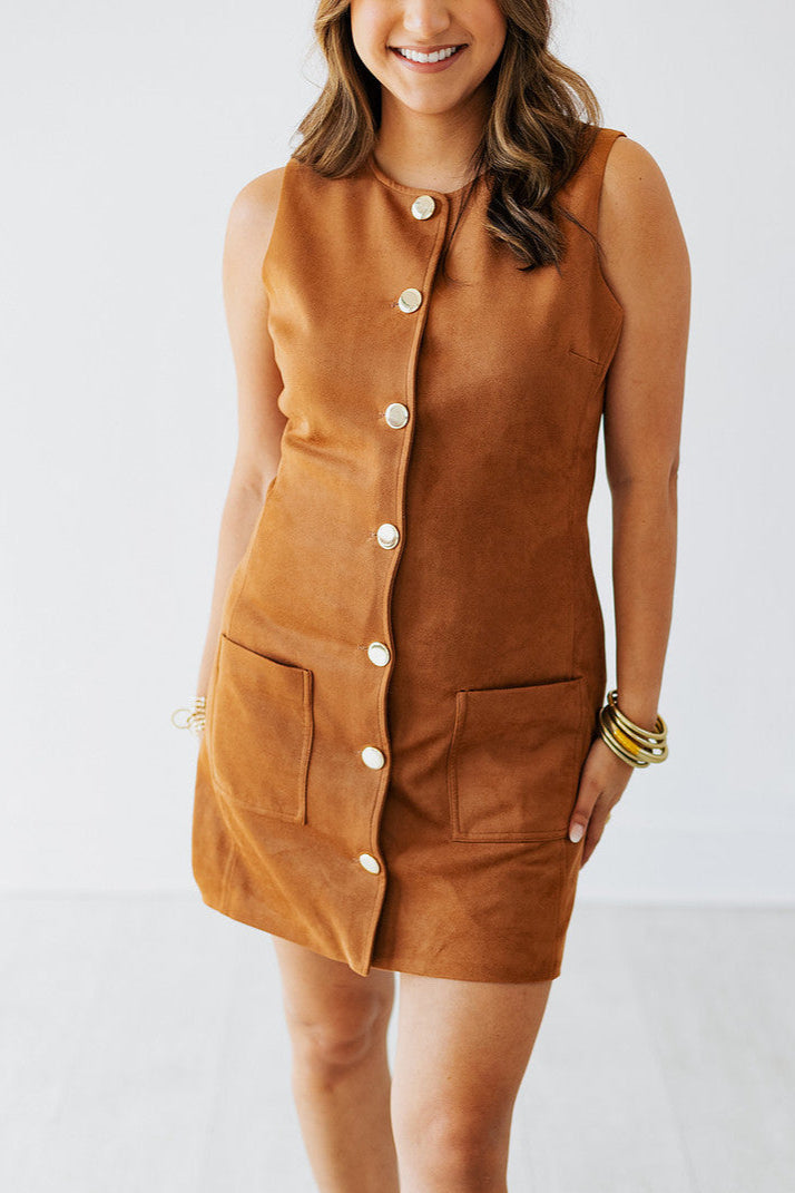CAMEL SUEDE BUTTON DOWN DRESS