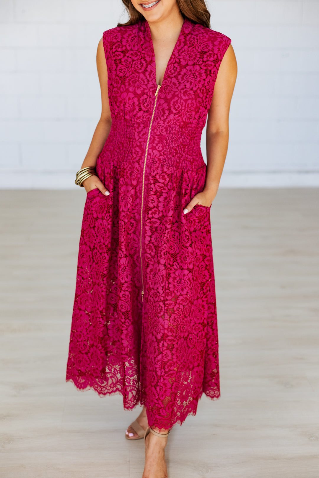 MERLOT LACE FRONT ZIP MIDI DRESS