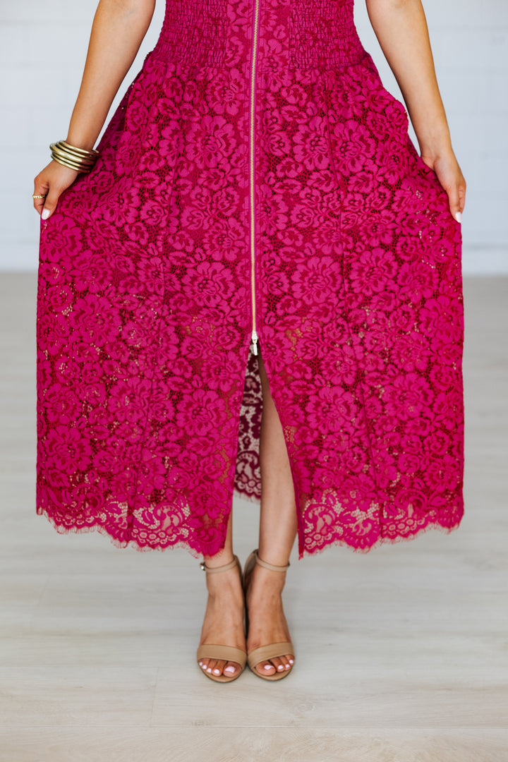 MERLOT LACE FRONT ZIP MIDI DRESS