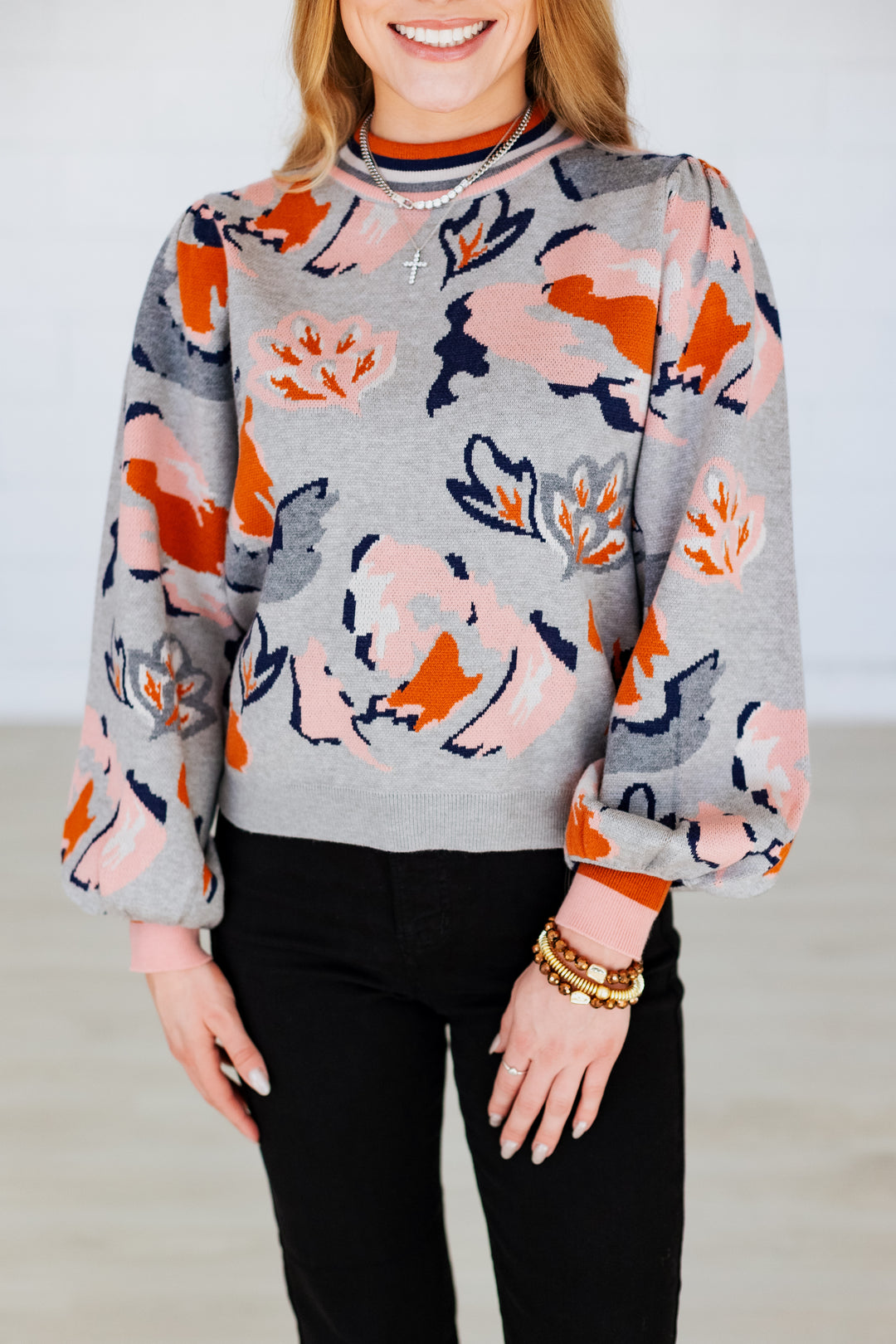 HEATHER GREY FLORAL PRINT SWEATER