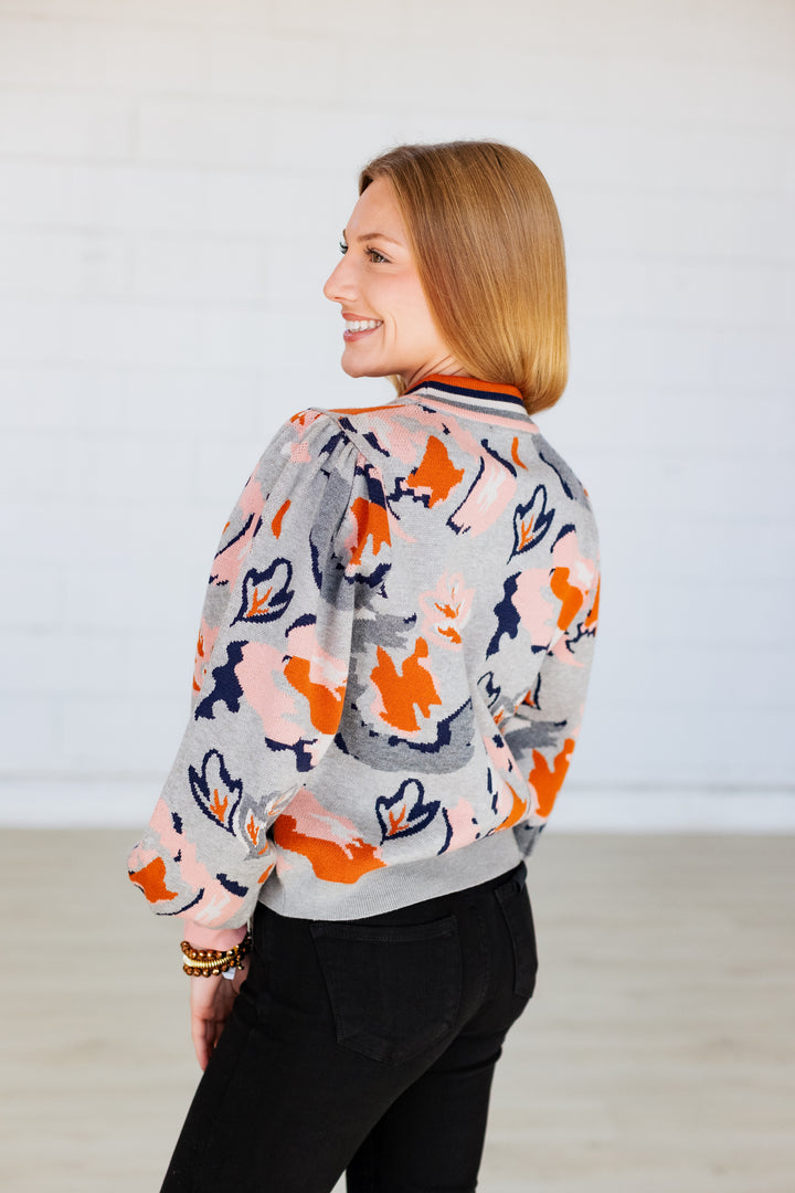 HEATHER GREY FLORAL PRINT SWEATER