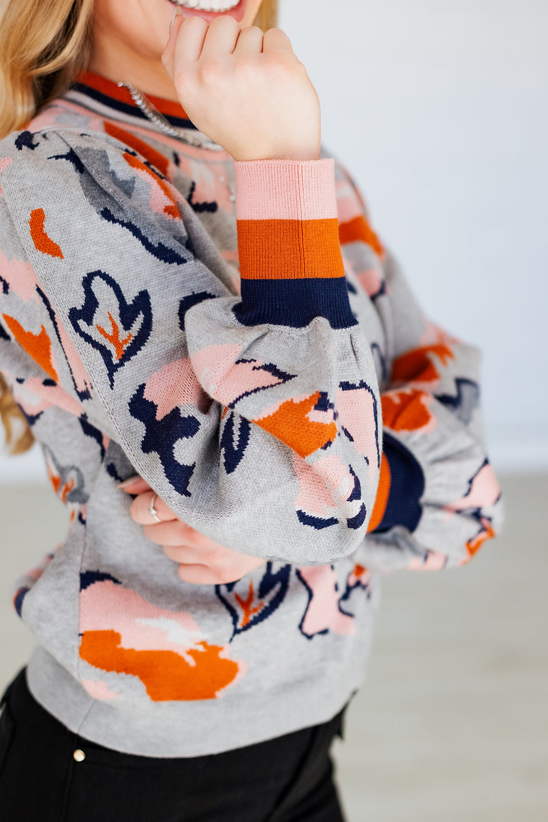 HEATHER GREY FLORAL PRINT SWEATER