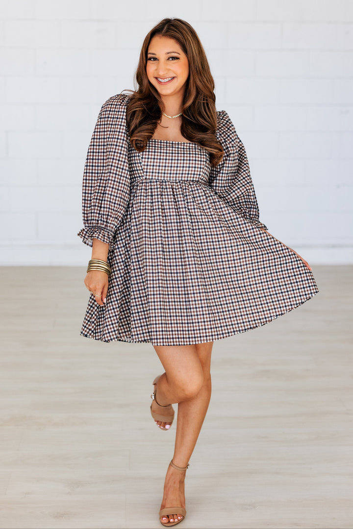 NAVY & BROWN PLAID MINI DRESS