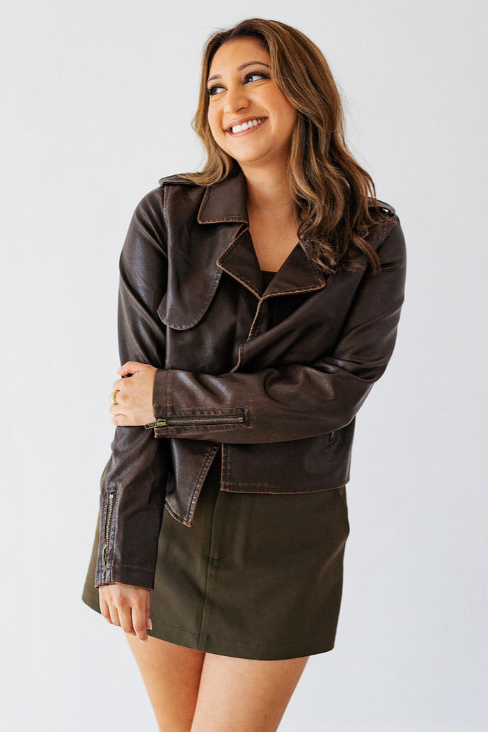 COCO BROWN DISTRESSED FAUX LEATHER JACKET