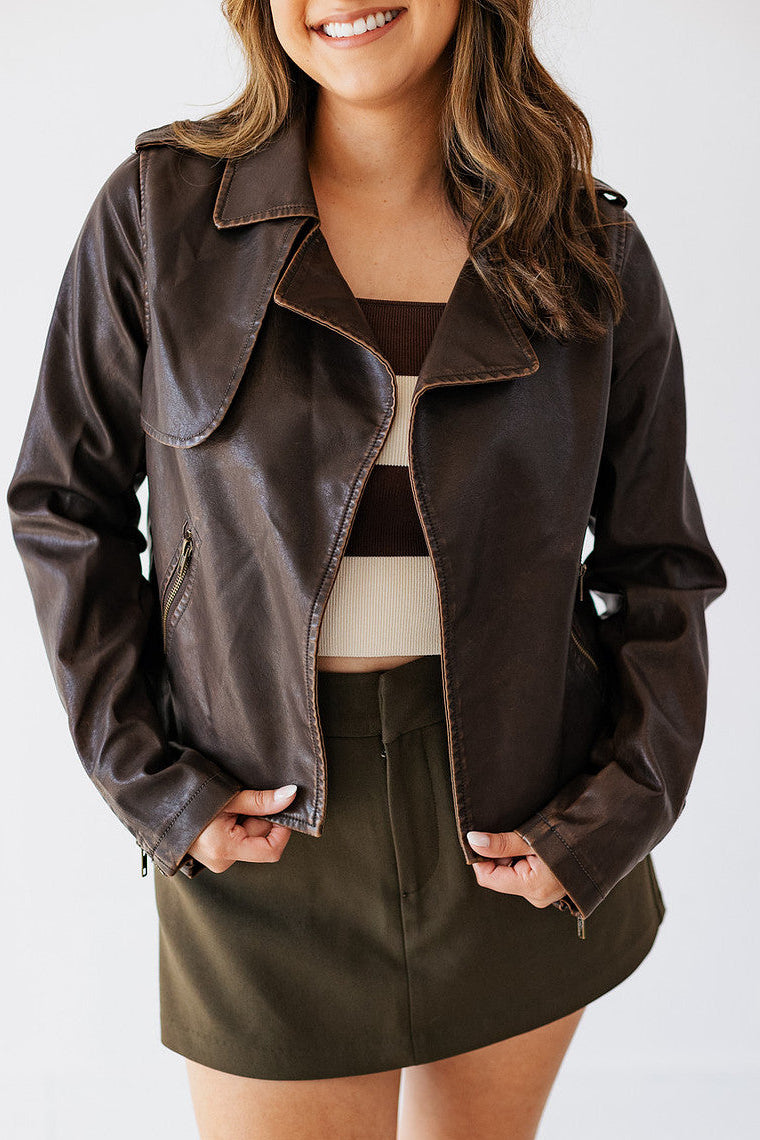 COCO BROWN DISTRESSED FAUX LEATHER JACKET