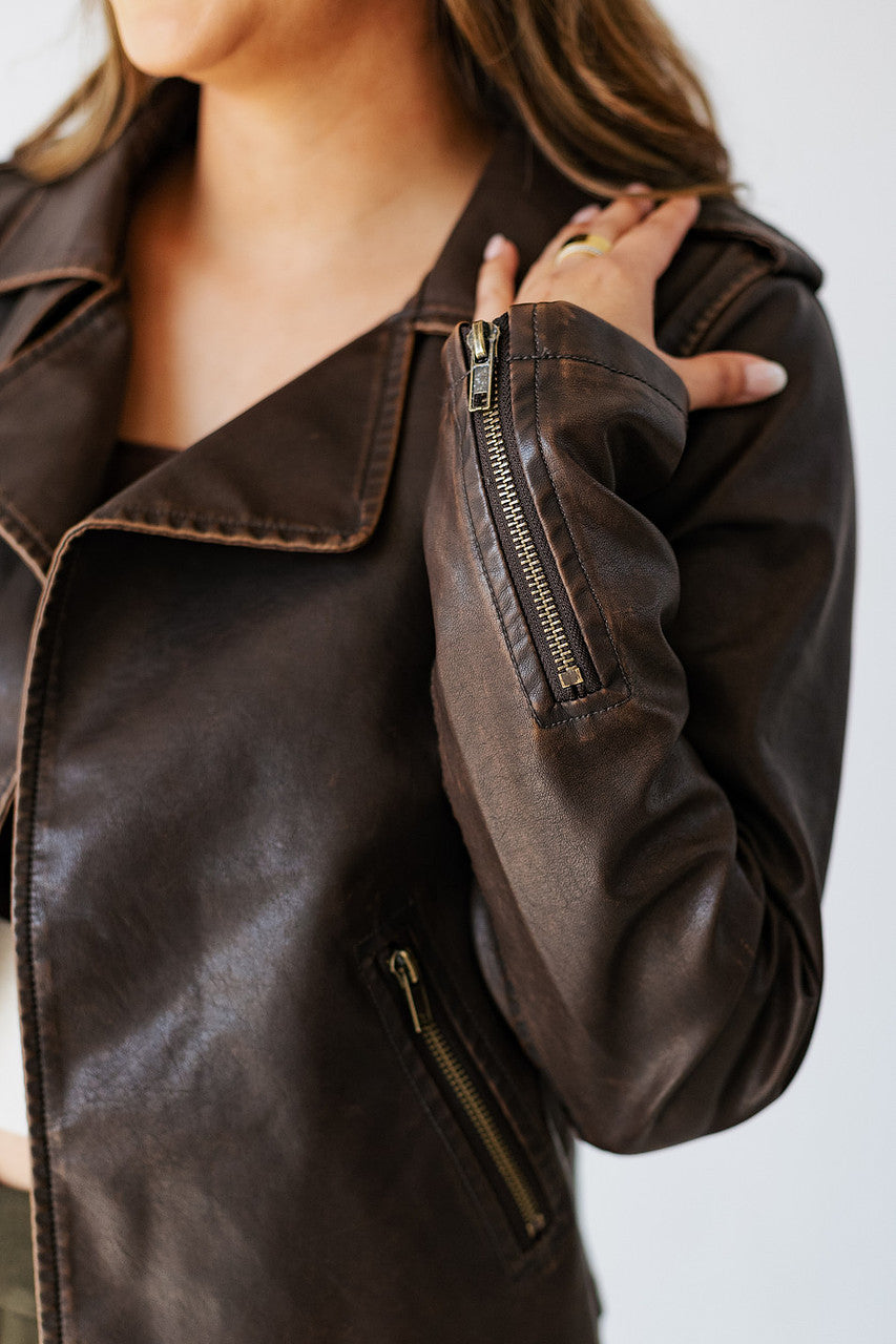 COCO BROWN DISTRESSED FAUX LEATHER JACKET