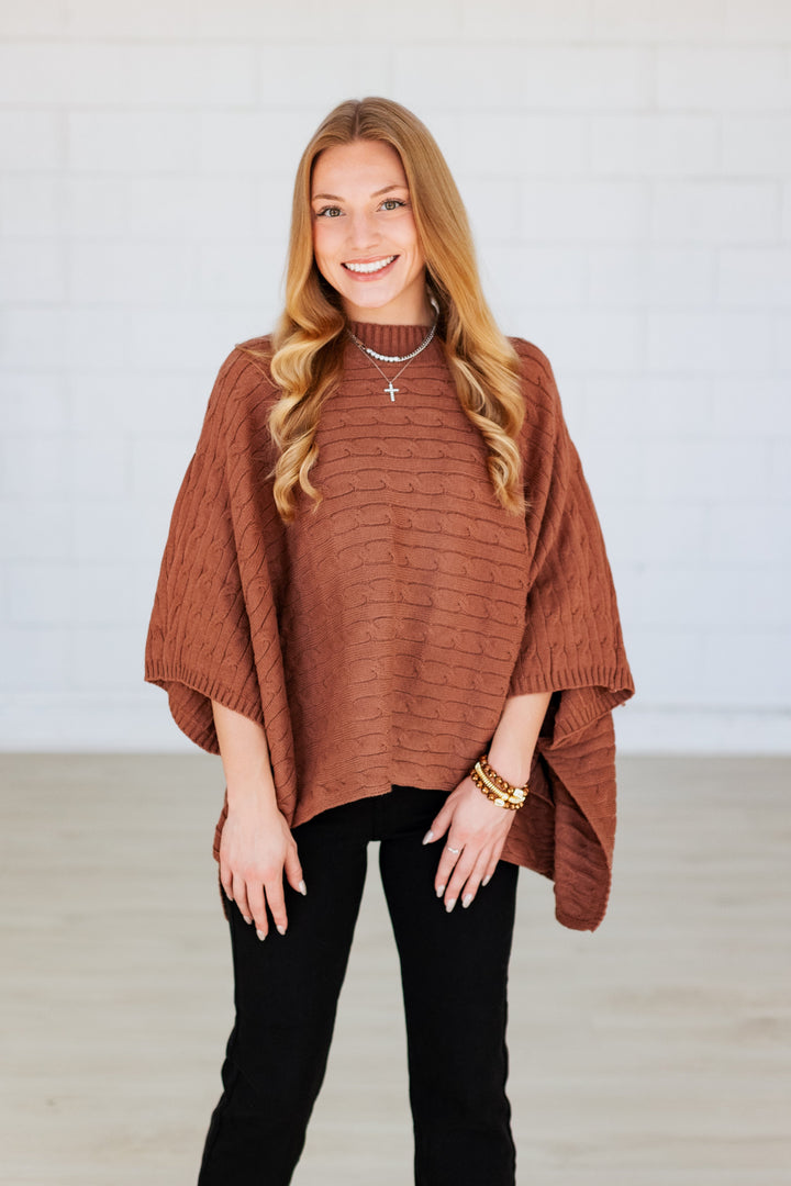 CHOCOLATE BROWN CABLE KNIT PONCHO
