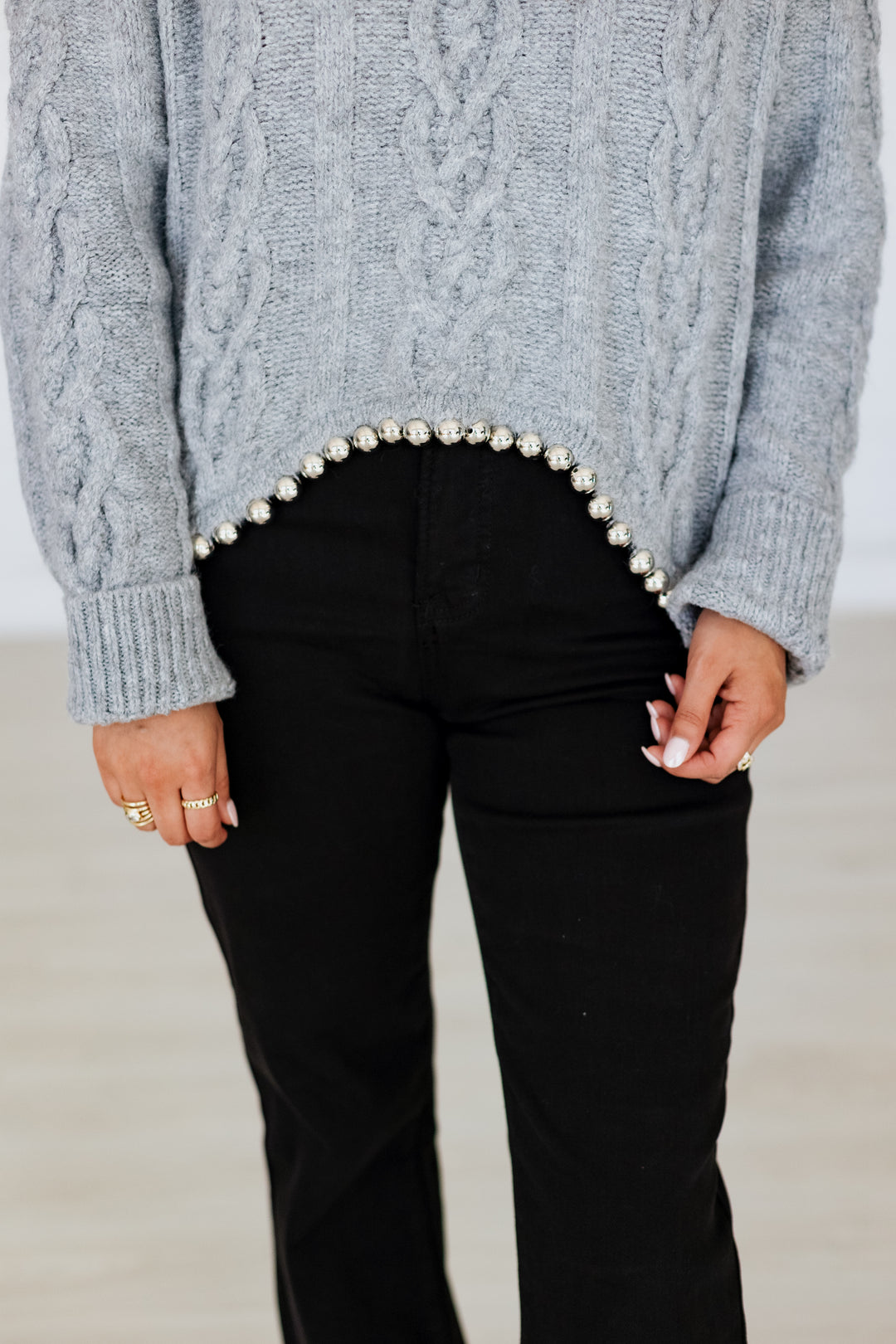 SILVER TRIM CABLE KNIT SWEATER