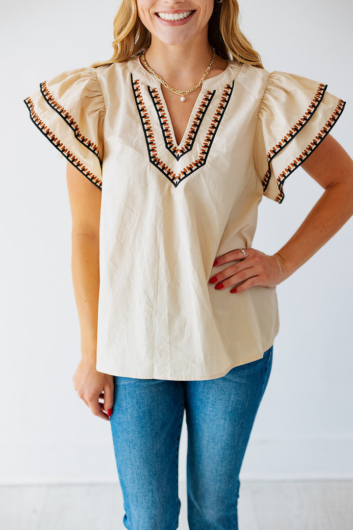 TARA TAUPE FLUTTER SLEEVE TOP