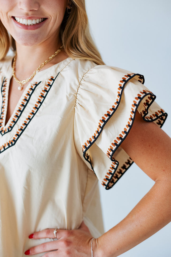 TARA TAUPE FLUTTER SLEEVE TOP