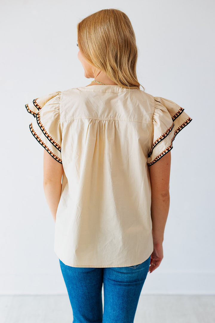 TARA TAUPE FLUTTER SLEEVE TOP