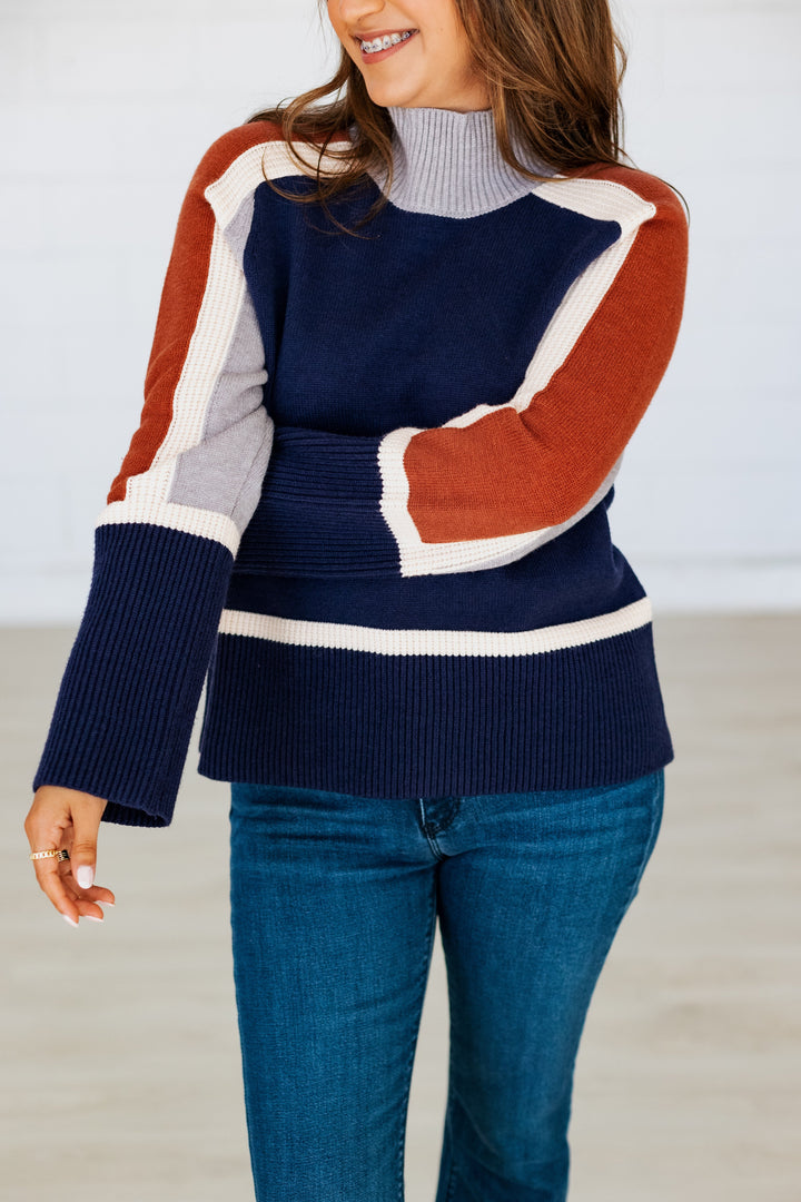 NAVY COLORBLOCK TURTLENECK SWEATER