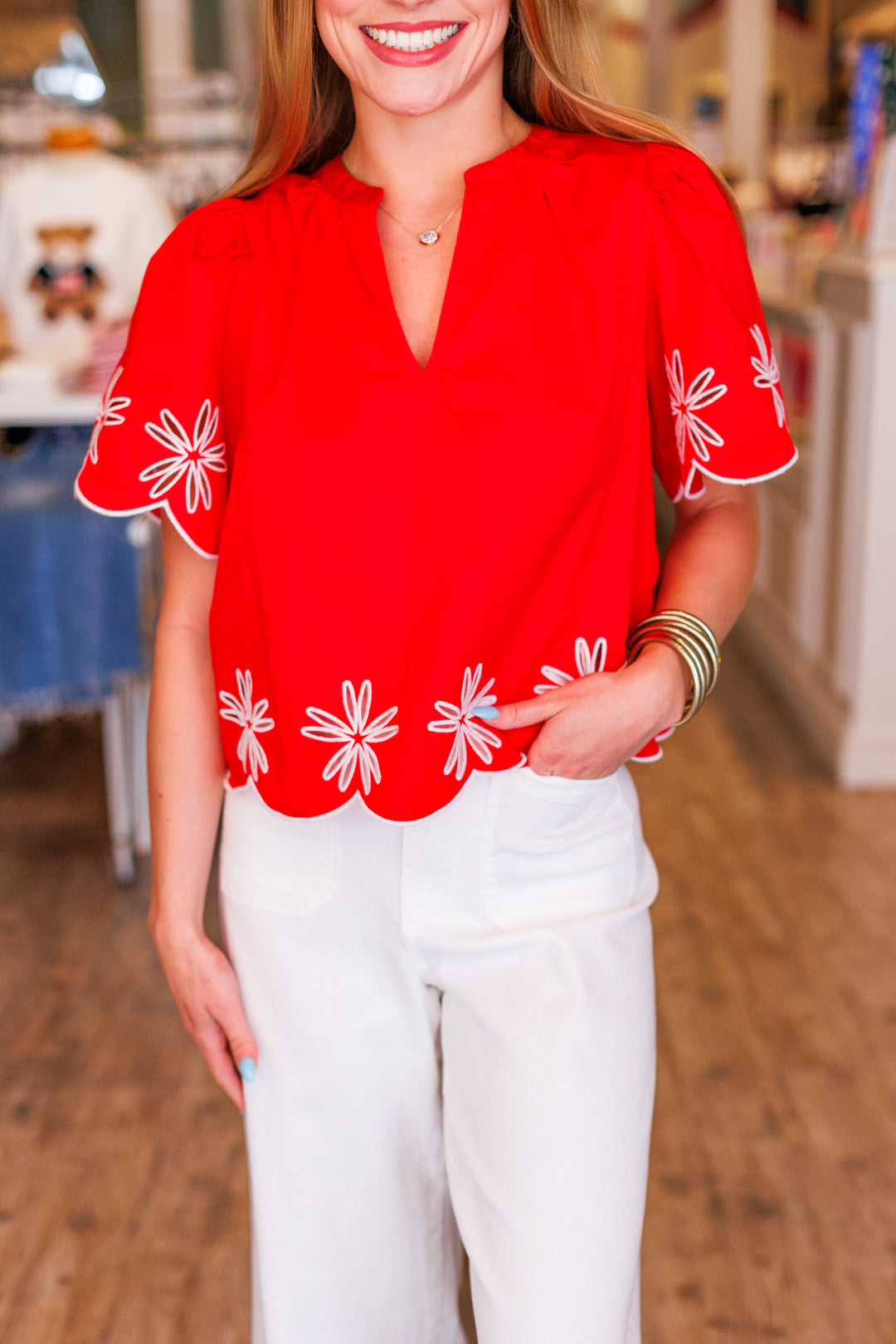FLOWER CUT OUT SCALLOP HEM BLOUSE
