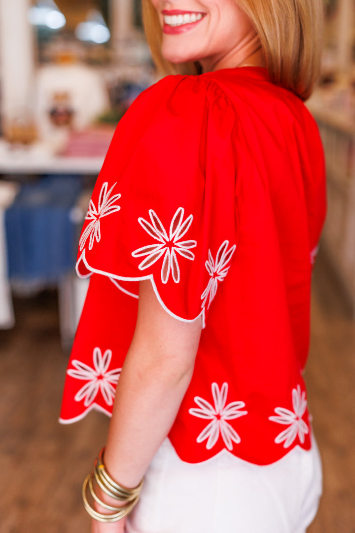 FLOWER CUT OUT SCALLOP HEM BLOUSE