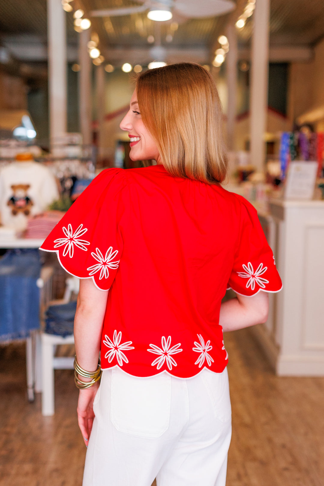 FLOWER CUT OUT SCALLOP HEM BLOUSE