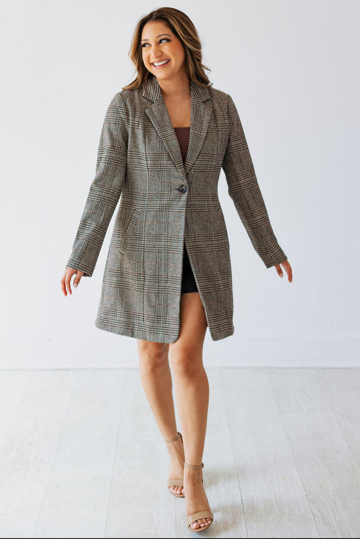 BLACK & TAUPE PLAID LONG LINE JACKET