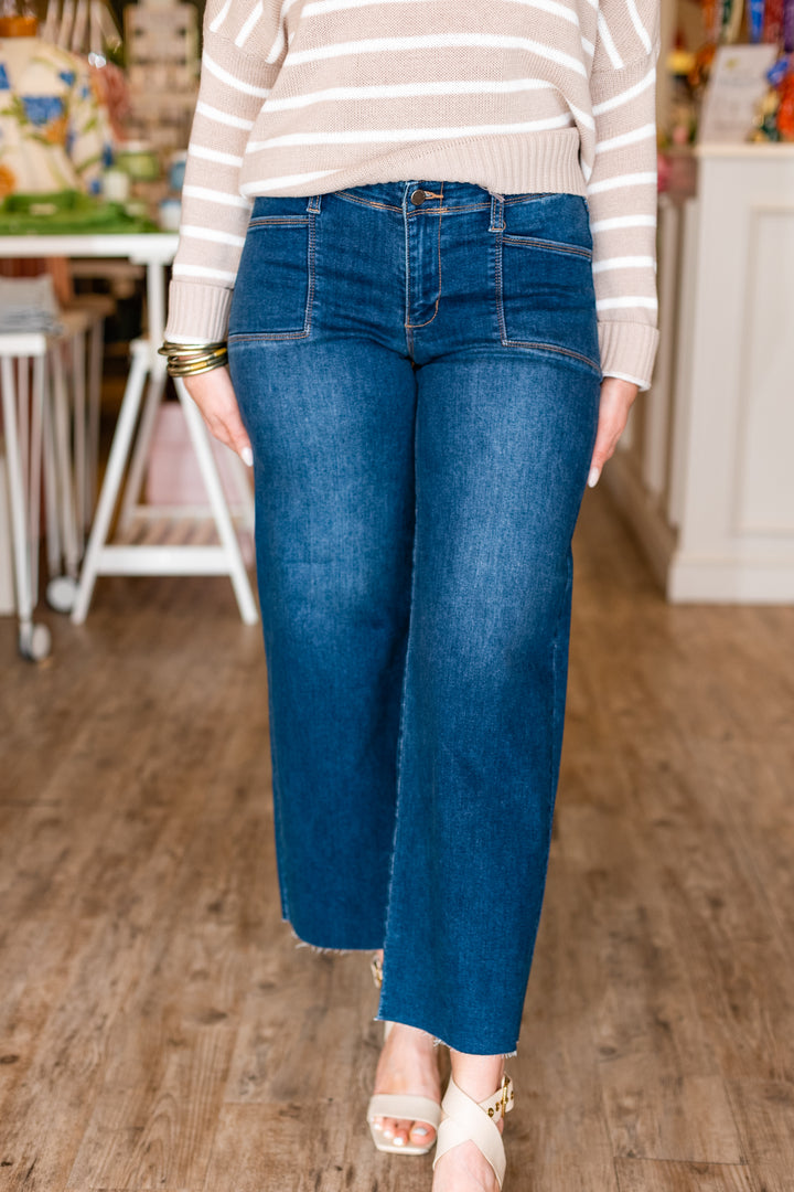 UTILITY SLIM WIDE LEG JEAN- DARK DENIM
