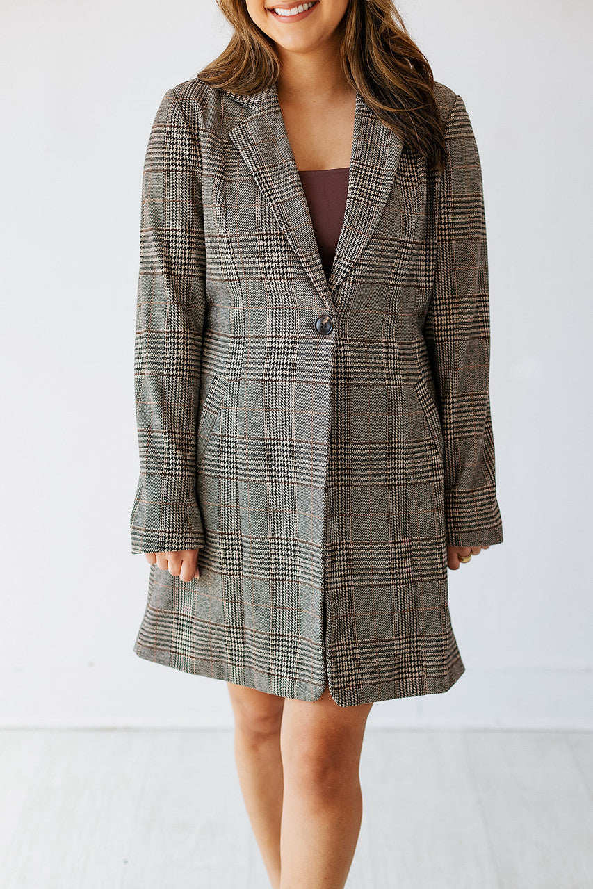 BLACK & TAUPE PLAID LONG LINE JACKET