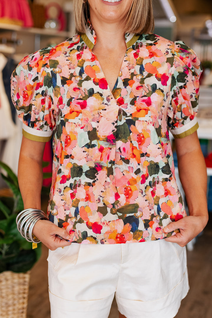WATERCOLOR FLORALS PUFF SLEEVE TOP