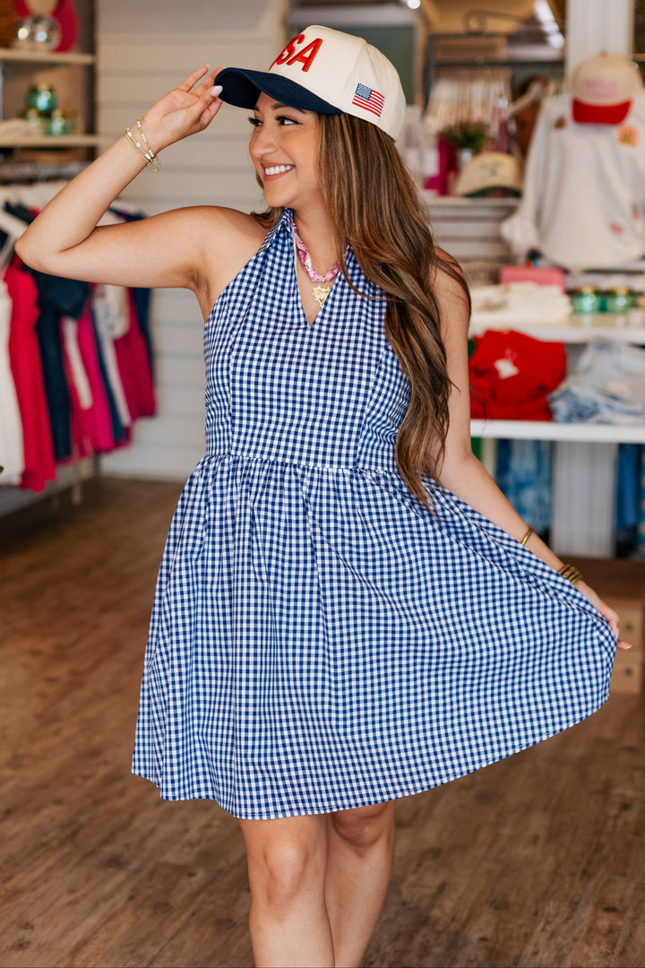 NAVY GINGHAM COLLARED HALTER DRESS