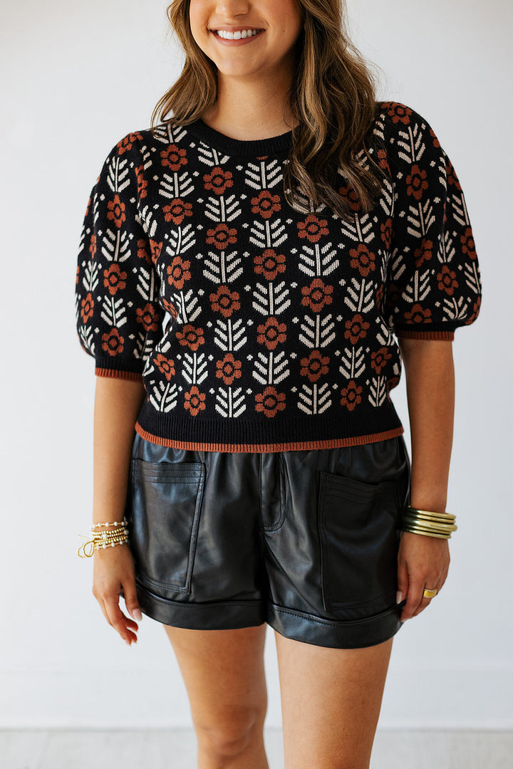 FLOWER PRINT SHORT SLEEVE SWEATER