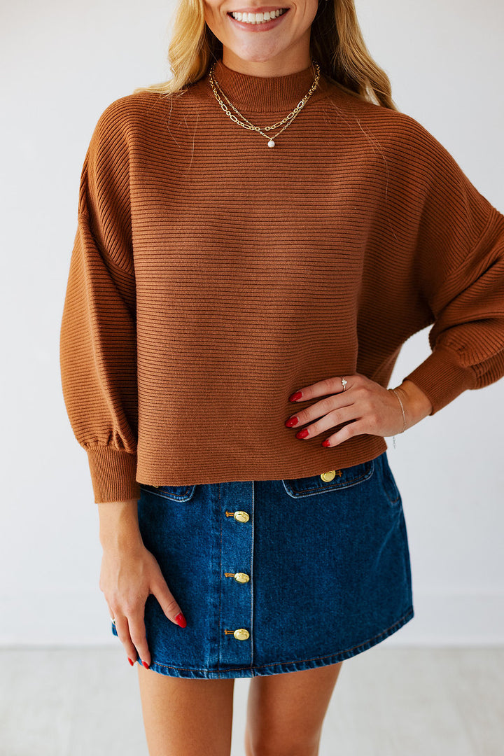 CAPPUCCINO RIBBED BALLOON SLEEVE SWEATER