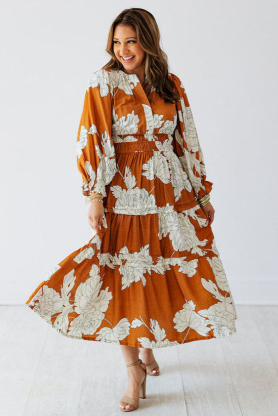LONG SLEEVE CARAMEL FLORAL MAXI DRESS