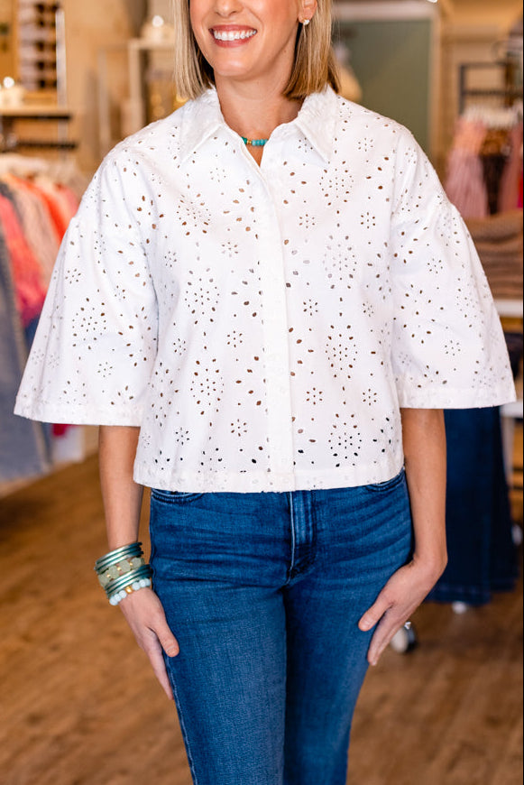 WHITE EYELET WIDE SLEEVE CROPPED JACKET