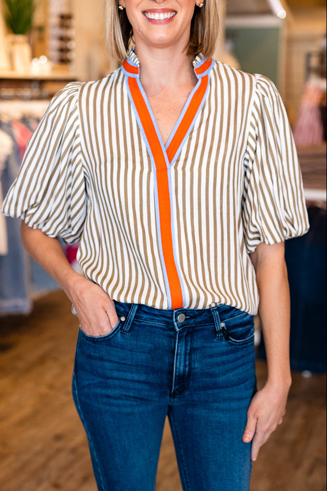 NEUTRAL PUFF SLEEVE STRIPED BLOUSE