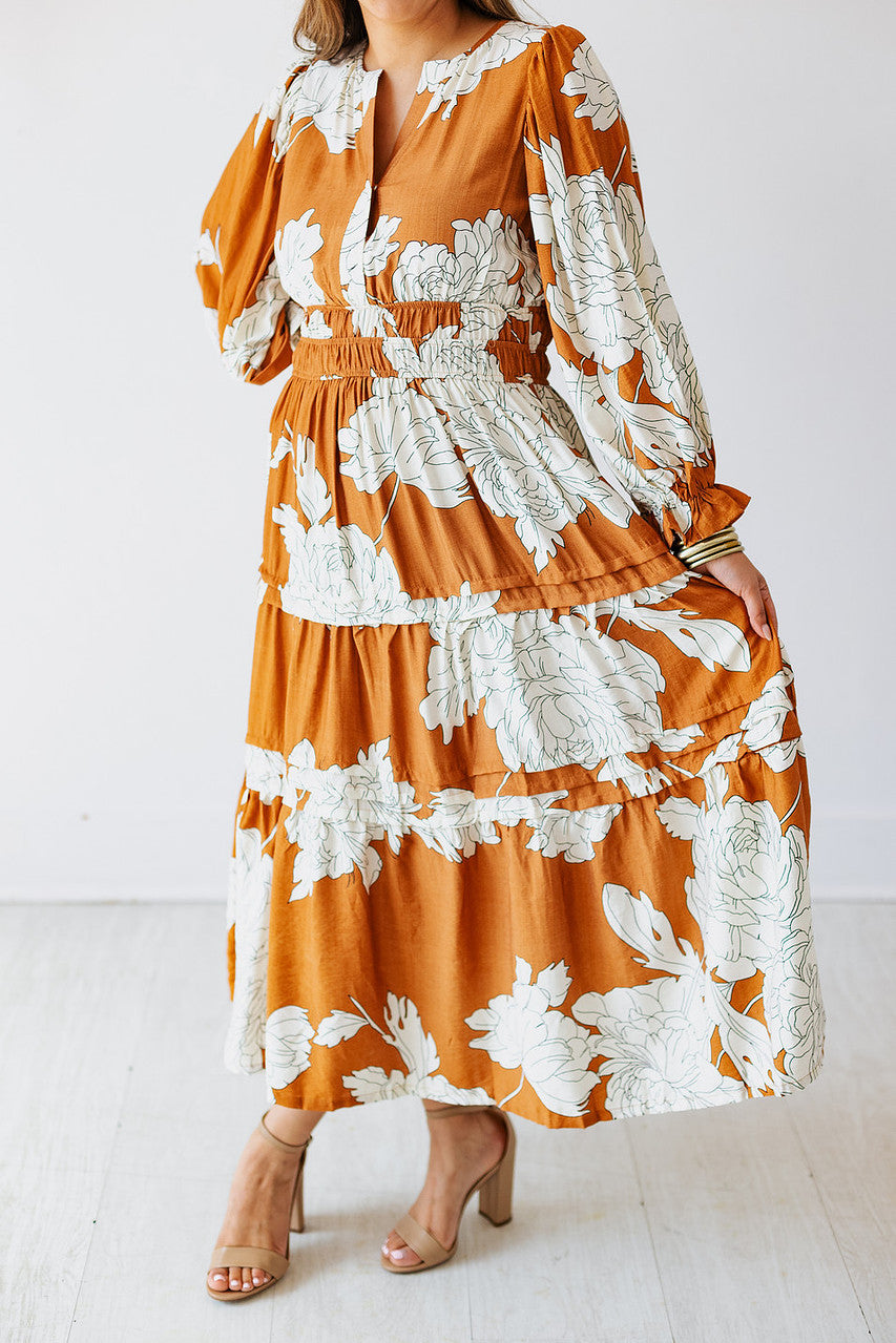 LONG SLEEVE CARAMEL FLORAL MAXI DRESS