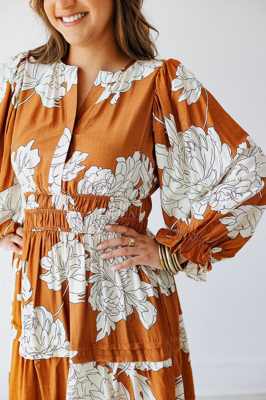 LONG SLEEVE CARAMEL FLORAL MAXI DRESS