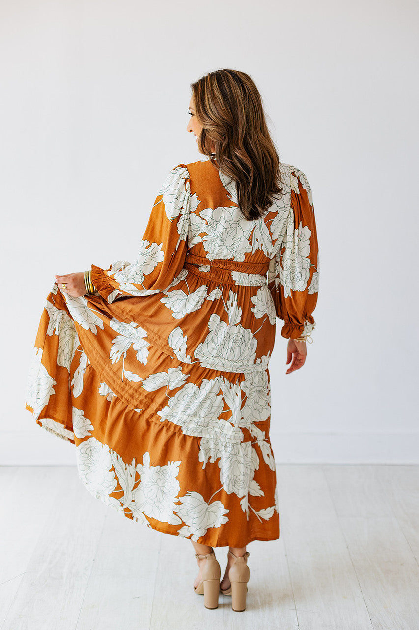 LONG SLEEVE CARAMEL FLORAL MAXI DRESS